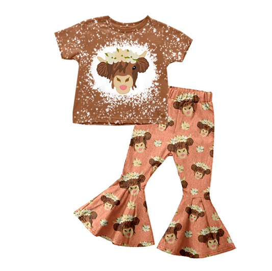 8.28 Baby Girls Highland Cow Flowers Orange Top Bell Pants Clothing Sets preorder(moq 5)