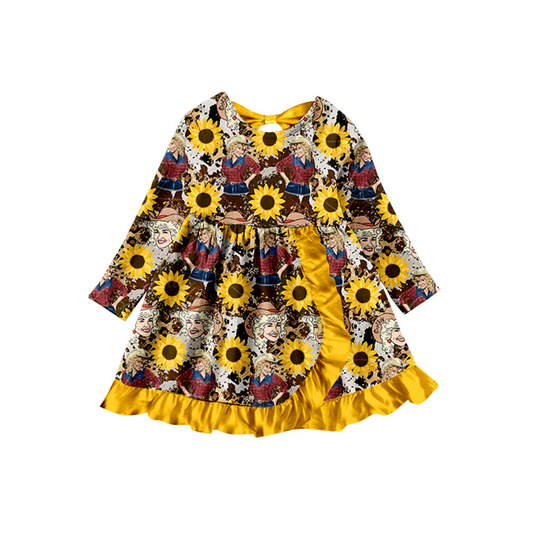8.28  Baby Girls Sunflowers Singer Ruffle knee length Dresses preorder(moq 5)