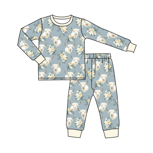 8.29 Baby Girls Flowers Highland Cows Long Sleeve Top Pants Pajamas Sets preorder(moq 5)