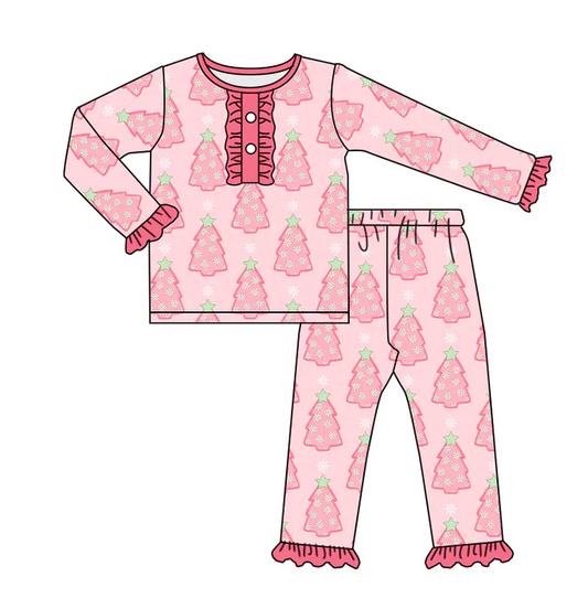 8.29 Baby Girls Christmas Tree Pink Ruffle Pjamas Clothes Sets preorder(moq 5)