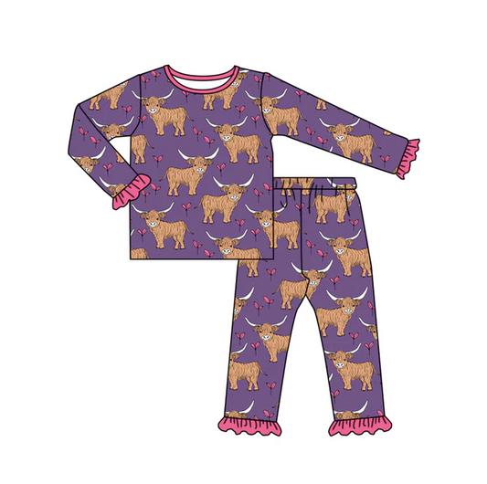 8.29 Baby Girls Purple Highland Cow Long Sleeve Top Jammies Pajamas Sets preorder(moq 5)