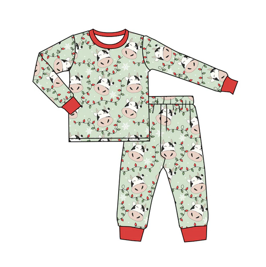 8.29 Baby Boys Christmas Cow Lights Long Sleeve Top Jammies Pajamas Sets preorder(moq 5)