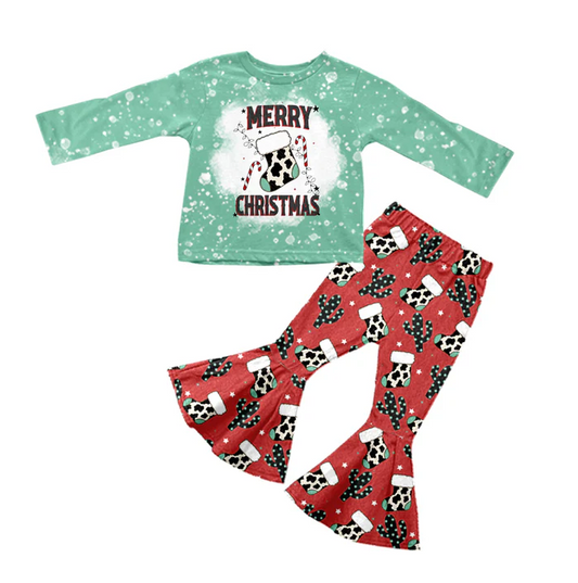 8.29 Baby Girls Merry Christmas Long Sleeve Top Cactus Bell Pants Sets preorder(moq 5)