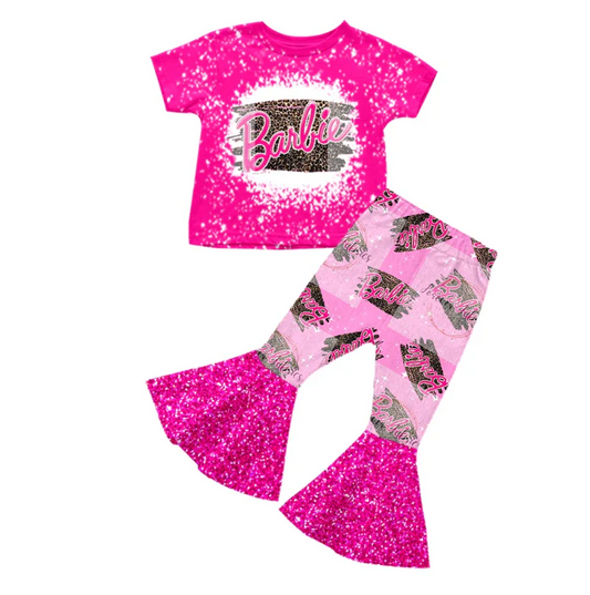 8.29  Baby Girls Pink Doll Leopard Top Bell Pants Clothes Sets preorder(moq 5)