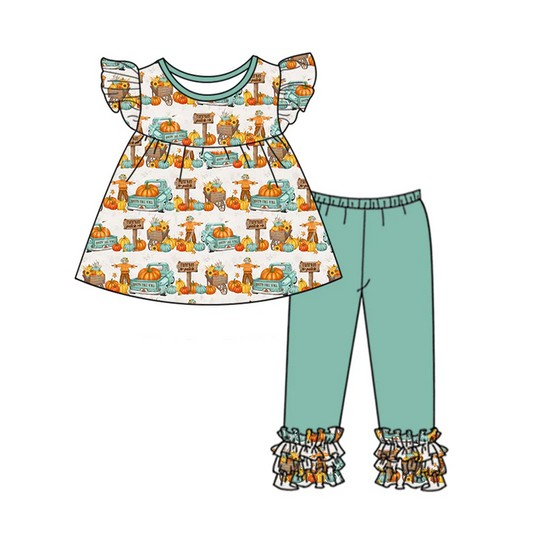 8.29  Baby Girls Scarecrow Tunic Top Green Icing Pants Clothes Sets preorder(moq 5)