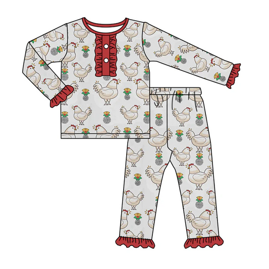 8.29  Baby Girls Ruffle Chicken Top Jammies Pajamas Sets preorder(moq 5)