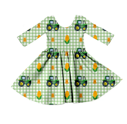 8.29 Baby Girls Green Tractor Corn Knee Length Dresses preorder(moq 5)