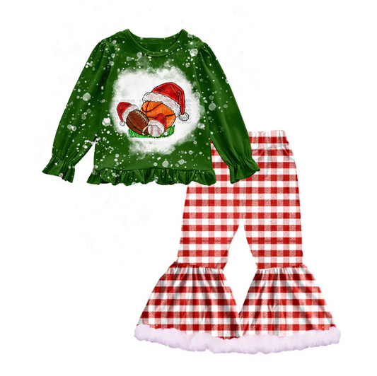 8.29 Baby Girls Christmas Balls Shirt Red Checkered Bell Bottom Pants Sets preorder(moq 5)