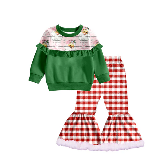 8.29 Baby Girls Christmas Ruffle Shirt Red Checkered Bell Bottom Pants Sets preorder(moq 5)