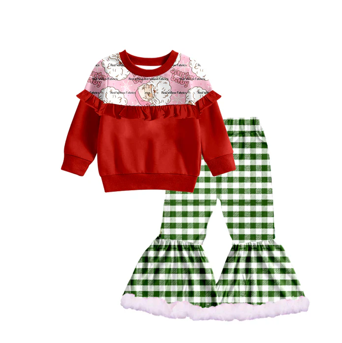 8.29 Baby Girls Christmas Ruffle Shirt Green Checkered Bell Bottom Pants Sets preorder(moq 5)
