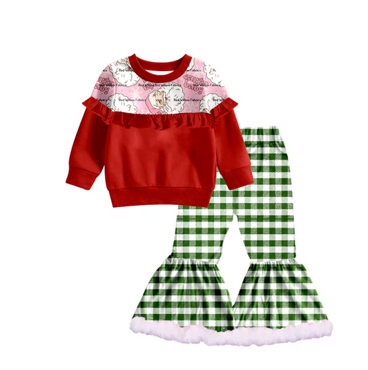 8.29 Baby Girls Christmas Ruffle Shirt Green Checkered Bell Bottom Pants Sets preorder(moq 5)