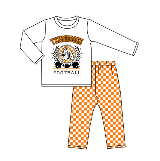 8.29 Baby Boys Football Orange Tee Top Checkered Pants Clothes Sets preorder(moq 5)