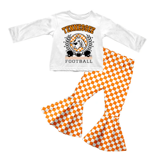 8.29  Baby Girls Football Orange Tee Top Checkered Pants Clothes Sets preorder(moq 5)