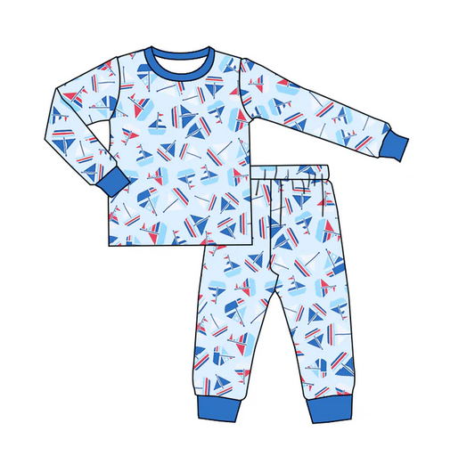 8.29 Baby Boys Blue Boats Tee Top Pants Pajamas Clothes Sets preorder(moq 5)