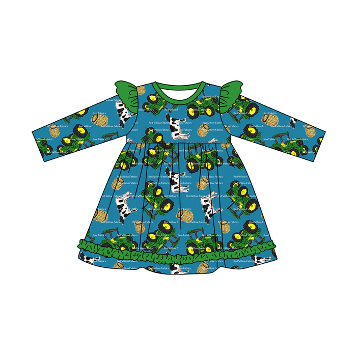 8.29  Baby Girls Farm Green Tractor Cows Knee Length Dresses preorder(moq 5)
