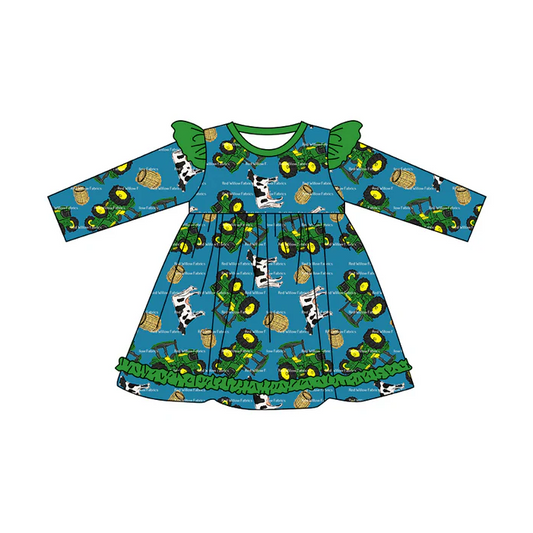 8.29  Baby Girls Farm Green Tractor Cows Knee Length Dresses preorder(moq 5)