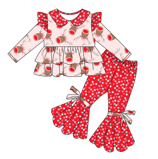 8.30 Baby Girls Christmas Deer Ruffle Tunic Bell Bow Pants Clothing Sets preorder(moq 5)