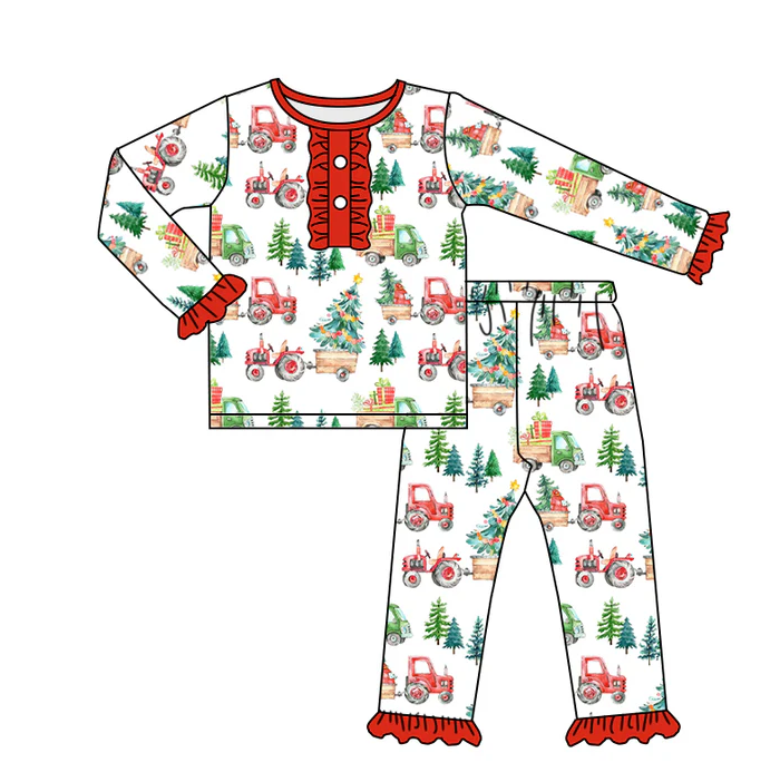 8.30 Baby Girls Christmas Tree Tractor Ruffle Pants Pajamas Clothes Sets preorder(moq 5)