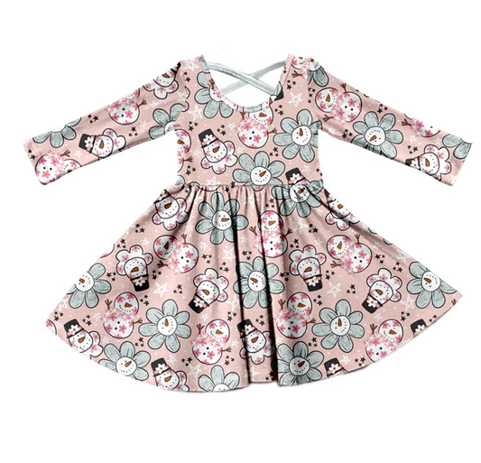 8.30 Baby Girls Snowman Flowers Long Sleeve Ruffle Dresses preorder(moq 5)