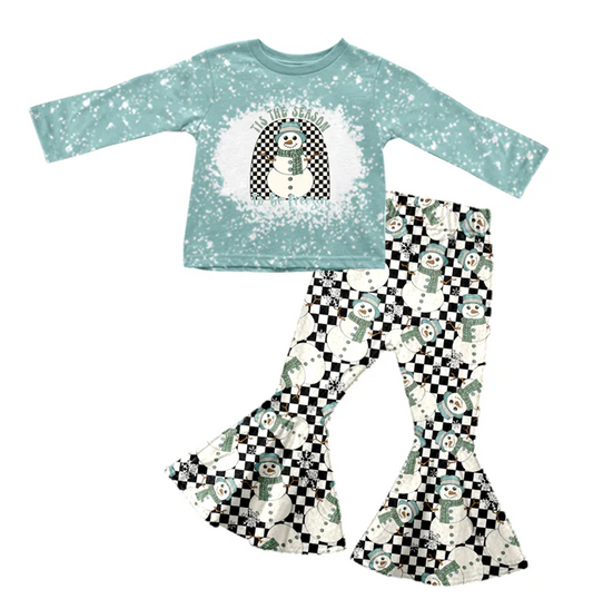 8.30Baby Girls Blue Checker Snowman Long Sleeve Shirt Pants Clothes Sets preorder(moq 5)