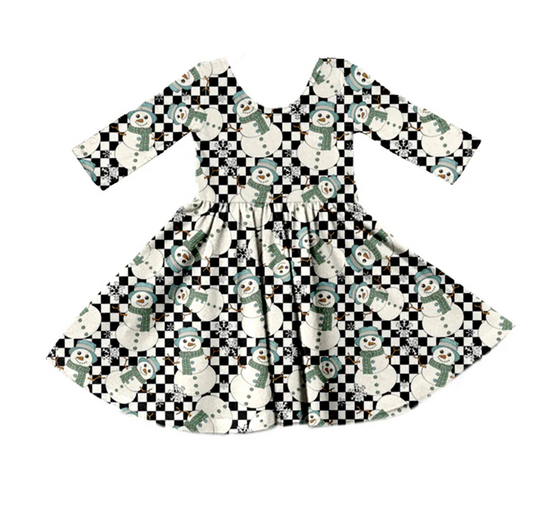 8.30 Baby Girls Christmas Snowman Checkered Long Sleeve Twirl Dresses preorder(moq 5)