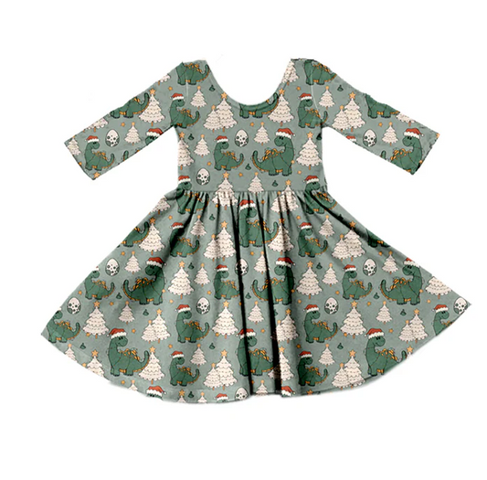 8.30 Baby Girls Christmas Tree Dinosaur Long Sleeve Twirl Dresses preorder(moq 5)