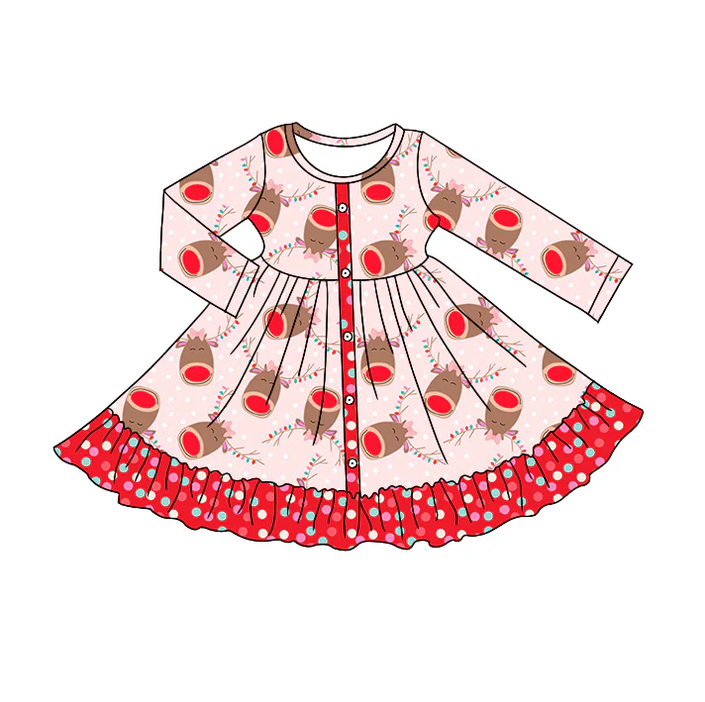 8.30 Baby Girls Pink Red Deer Christmas Long Sleeve Twirl Dresses preorder(moq 5)