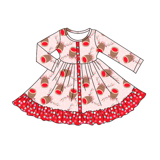 8.30 Baby Girls Pink Red Deer Christmas Long Sleeve Twirl Dresses preorder(moq 5)