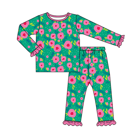 8.30 Baby Girls Green Floral Long Sleeve Shirt Pants Pajamas Sets preorder(moq 5)
