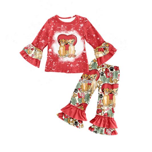 9.1 Baby Girls Red Valentines Lions Ruffle Top Pants Clothes Sets preorder(moq 5