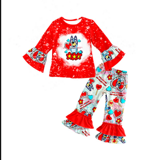 9.1 Baby Girls Red Valentines Dogs Ruffle Top Pants Clothes Sets preorder(moq 5)