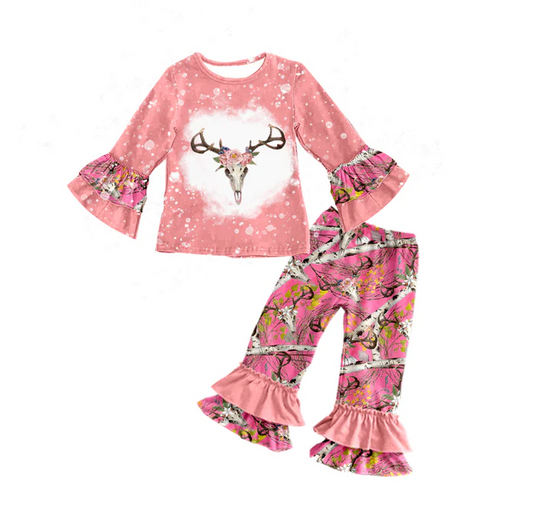 9.1 Baby Girls Pink Cow Skull Ruffle Top Pants Clothes Sets preorder(moq 5)