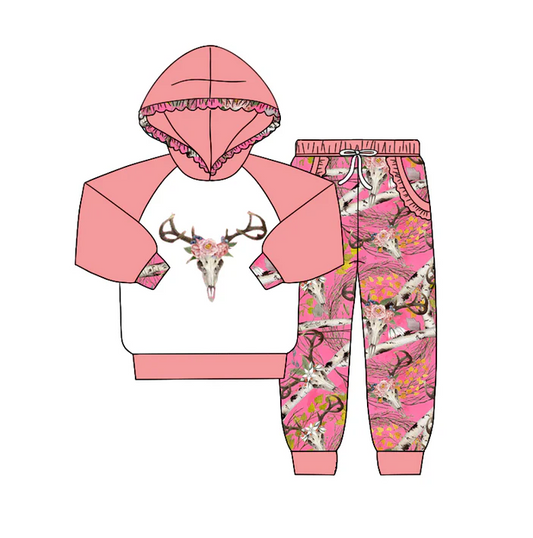 9.1 Baby Girls Pink Cow Skull Boutique Hooded Top Pants Clothes Sets preorder(moq 5)