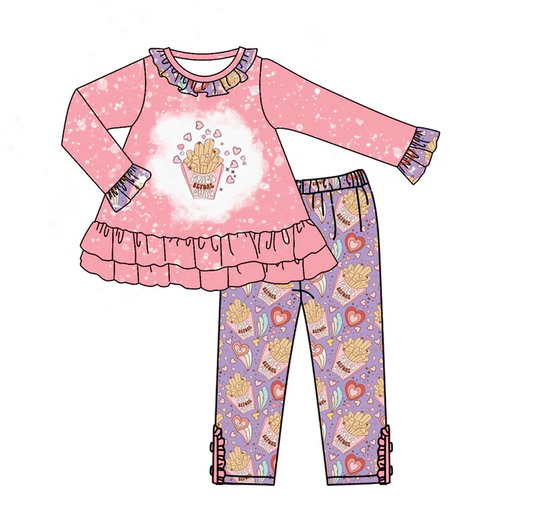 9.1 Baby Girls Valentines Fries Tunic Ruffle Pants Clothes Sets preorder(moq 5)