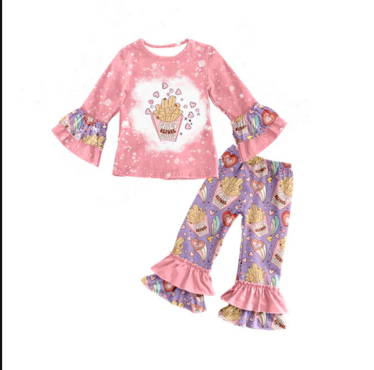 9.1 Baby Girls Valentines Fries Shirt Ruffle Pants Clothes Sets preorder(moq 5)