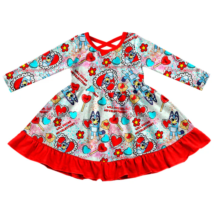 9.1 Baby Girls Valentines Dogs Ruffle Knee Length Dresses preorder(moq 5)