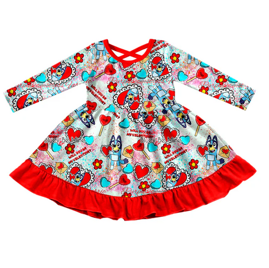 9.1 Baby Girls Valentines Dogs Ruffle Knee Length Dresses preorder(moq 5)