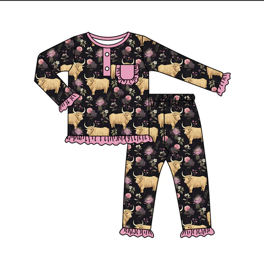 9.1  Baby Girls Highland Cow Top Pants Pajamas Clothes Sets preorder(moq 5)