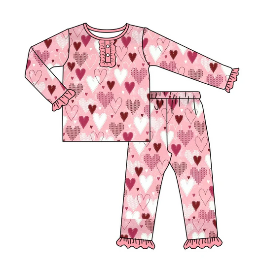 9.1  Baby Girls Valentines Hearts Tops Ruffle Pants Pajamas Clothes Sets preorder(moq 5)