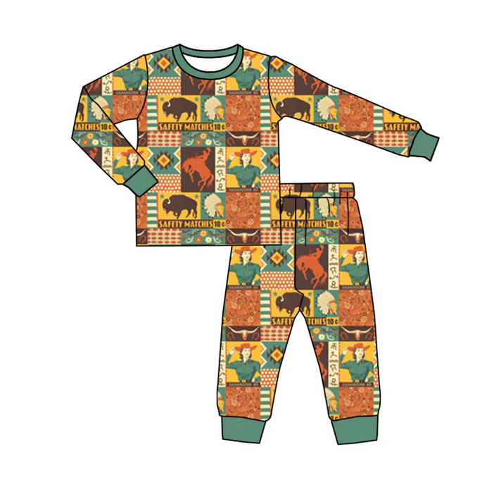9.1  Baby Boys Green Pocket Top Western Cow Pants Pajamas Sets preorder(moq 5)