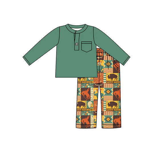 9.1  Baby Boys Green Pocket Top Western Cow Pants Clothes Sets preorder(moq 5)