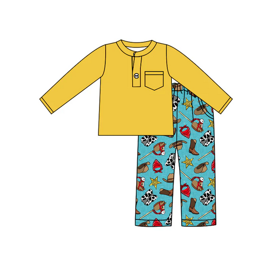 9.1  Baby Boys Yellow Pocket Top Western Cow Pants Clothes Sets preorder(moq 5)