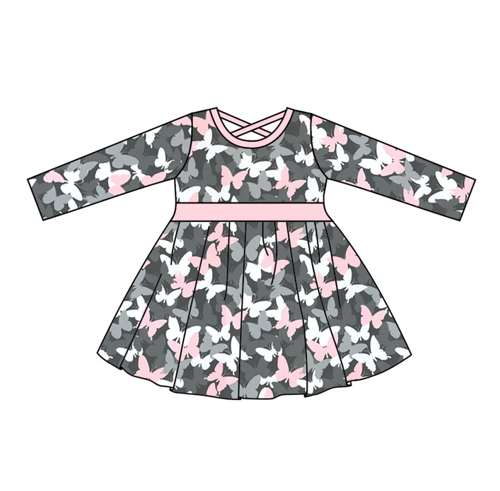 9.1 Baby Girls Butterfly Belt Knee Length Pink Dresses preorder(moq 5)