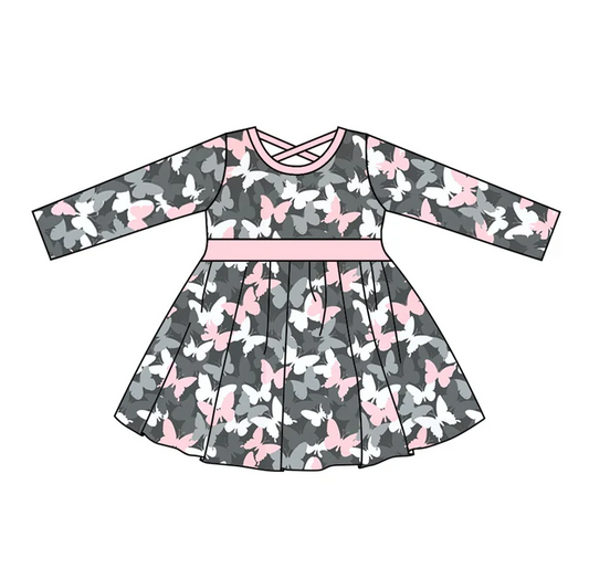 9.1 Baby Girls Butterfly Belt Knee Length Pink Dresses preorder(moq 5)