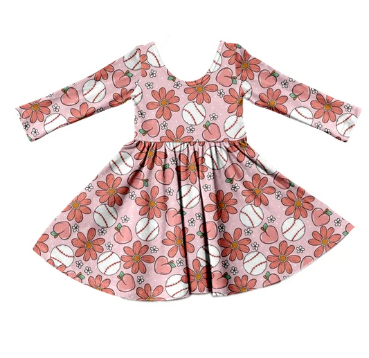 9.1 Baby Girls Baseball Flowers Knee Length Pink Dresses preorder(moq 5)