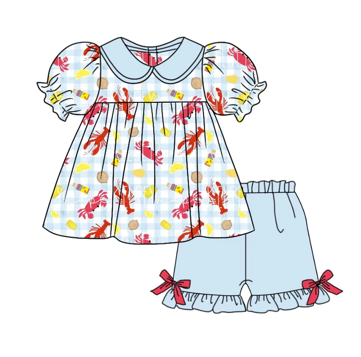 9.1 Baby Girls Plaid Crawfish Tunic Top Shorts Clothes Sets preorder(moq 5)