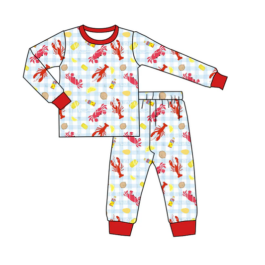 9.1 Baby Boys Blue Plaid Crawfish Shirts Pants Pajamas Clothes Sets preorder(moq 5)