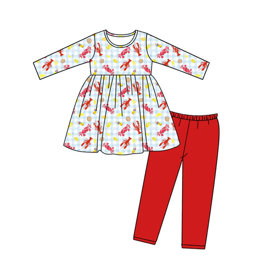 9.1 Baby Girls Blue Plaid Crawfish Tunic Legging Pants Clothes Sets preorder(moq 5)