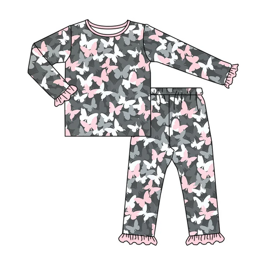 9.1 Baby Girls Butterfly Pink Shirts Ruffle Pants Pajamas Clothes Sets preorder(moq 5)