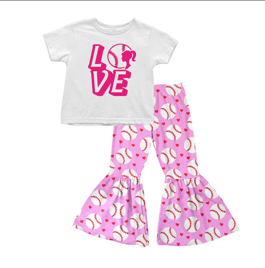 9.1  Baby Girls Love Baseball Shirts Pink Bell Bottom Pants Clothing Sets preorder(moq 5)